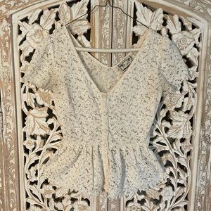 Anthropologie Two of Us Ivory Lace Button-Down Puff Sleeve Peplum Blouse